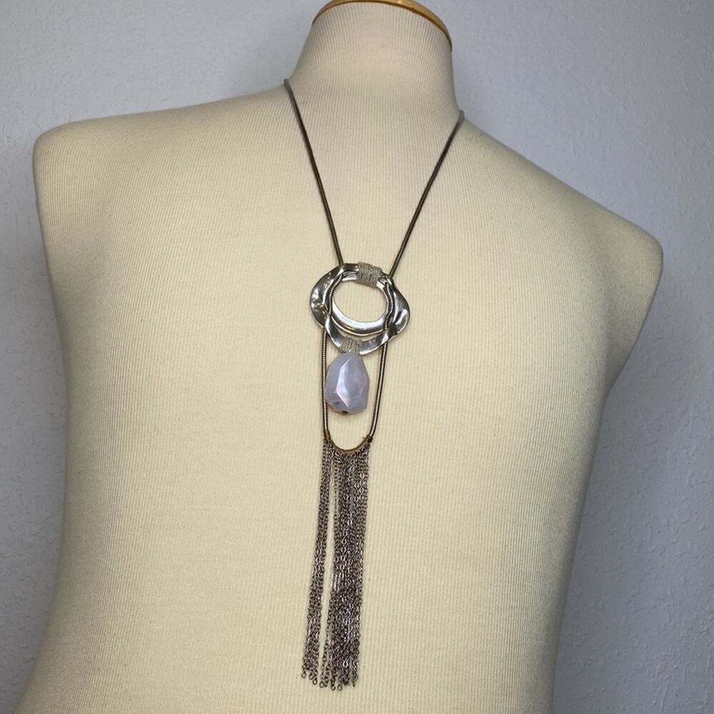 Chico’s Sam Threaded Silver-Tone Pendant Necklace NWT OS Tassel Simulated Stone